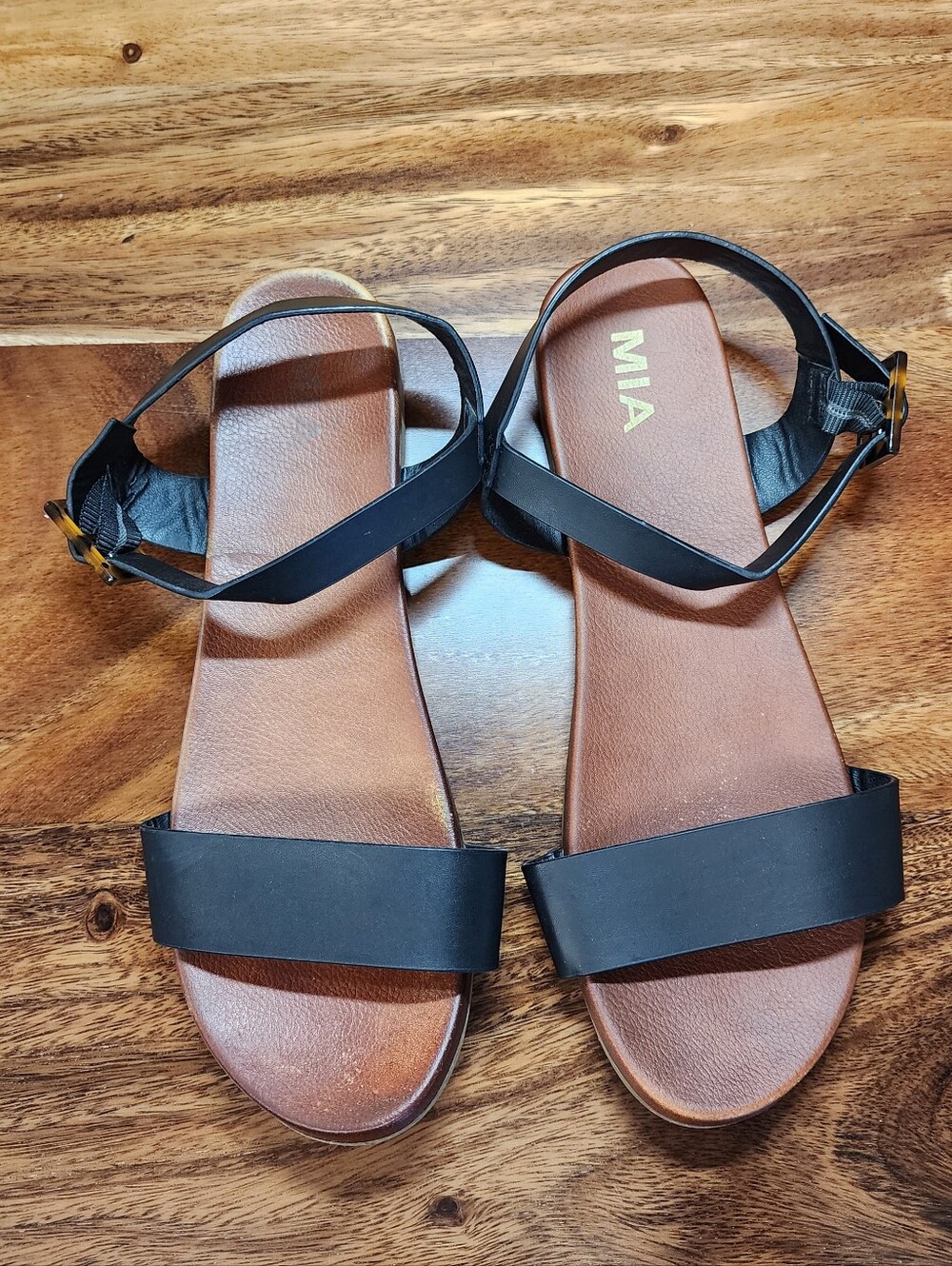 MIA Black Leather Ankle-Strap Flat Sandals